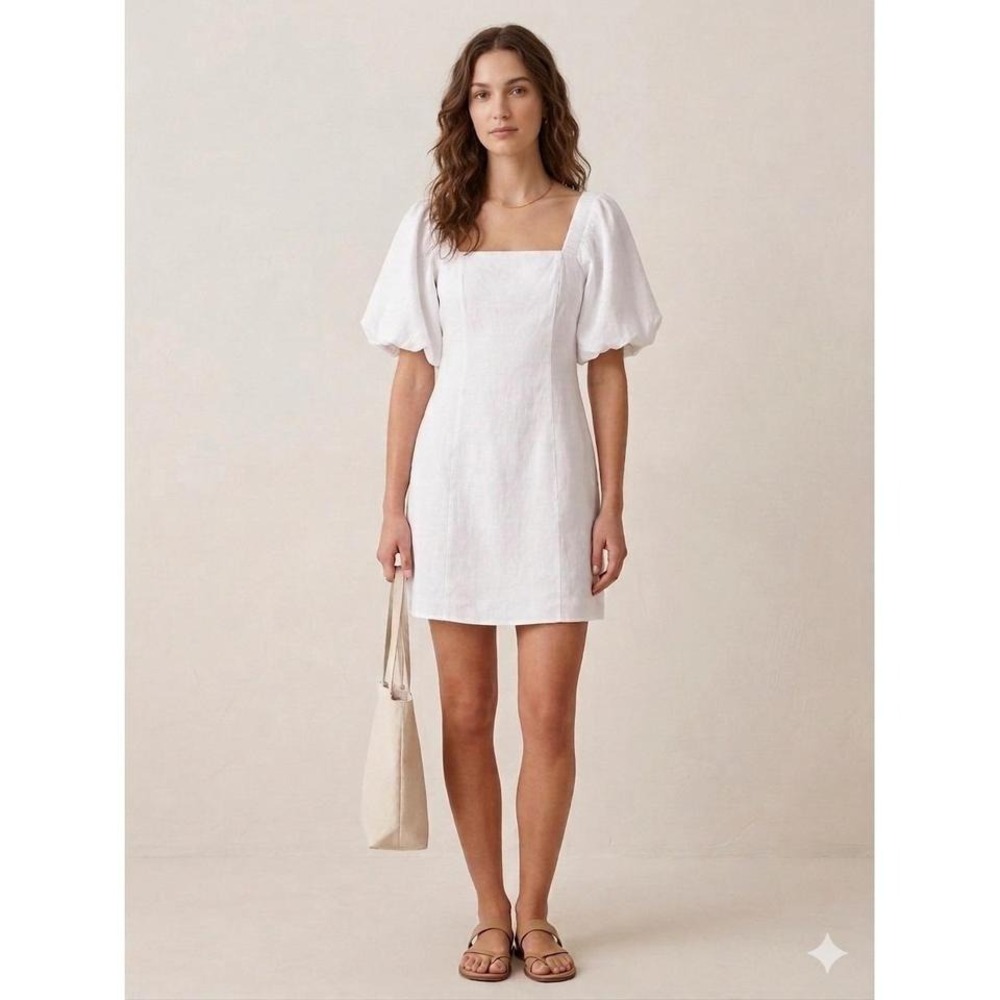 SNDYS Tuscany Dress White Puff Sleeve Smocked Back Mini Dress SED345 Size L NEW